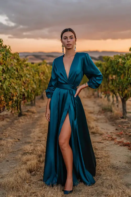 A woman wears a dark teal satin gown with a belted waist and slit, accessorized with metallic earrings, posing in a vineyard wedding during October sunset