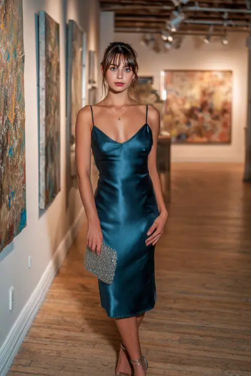 A woman wears a dark teal satin slip dress with a low back, silver strappy heels, and a beaded clutch in a sophisticated art gallery venue