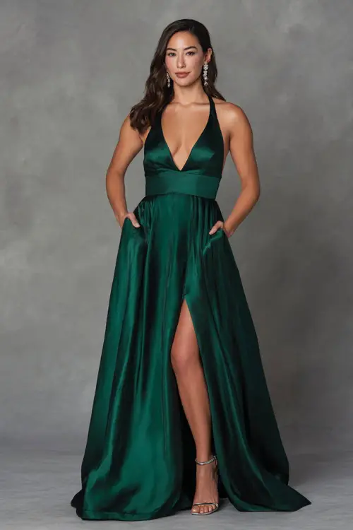 A woman wears a deep emerald green satin A-line gown with a plunging neckline, paired with crystal drop earrings and silver strappy heels for a black-tie fall wedding