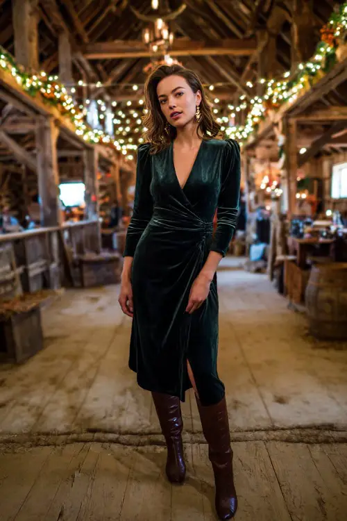 A woman wears a deep emerald velvet midi dress with long sleeves, styled with tall brown leather boots and gold drop earrings 