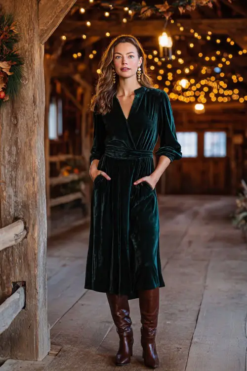 A woman wears a deep emerald velvet midi dress with long sleeves, styled with tall brown leather boots and gold drop earrings 