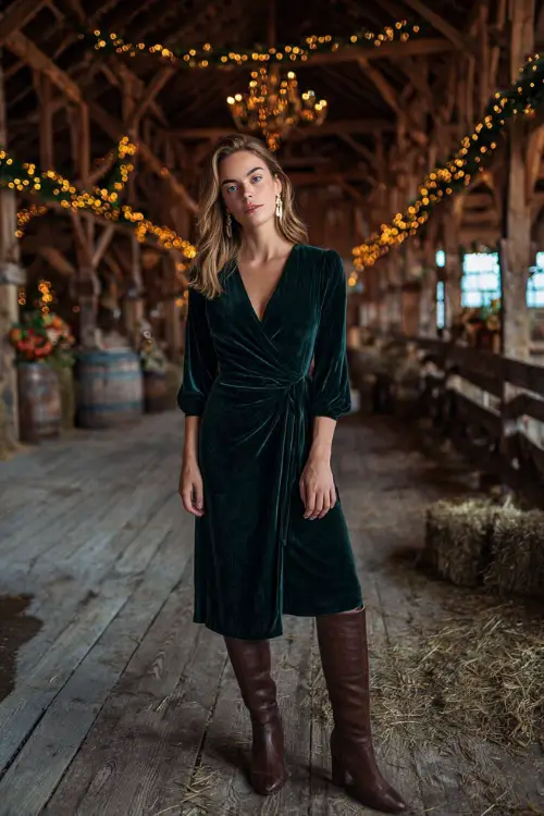 A woman wears a deep emerald velvet midi dress with long sleeves, styled with tall brown leather boots and gold drop earrings