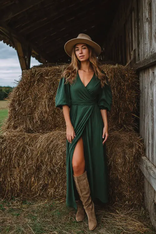 A woman wears a deep green wrap maxi dress with puff sleeves, suede ankle boots, and a felt hat in a rustic countryside October wedding 