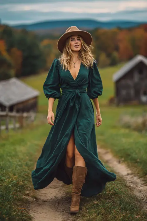 A woman wears a deep green wrap maxi dress with puff sleeves, suede ankle boots, and a felt hat in a rustic countryside October wedding 