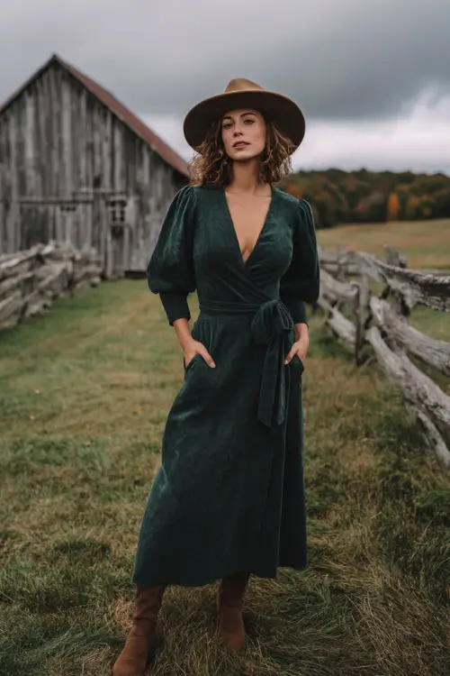 A woman wears a deep green wrap maxi dress with puff sleeves, suede ankle boots, and a felt hat in a rustic countryside October wedding