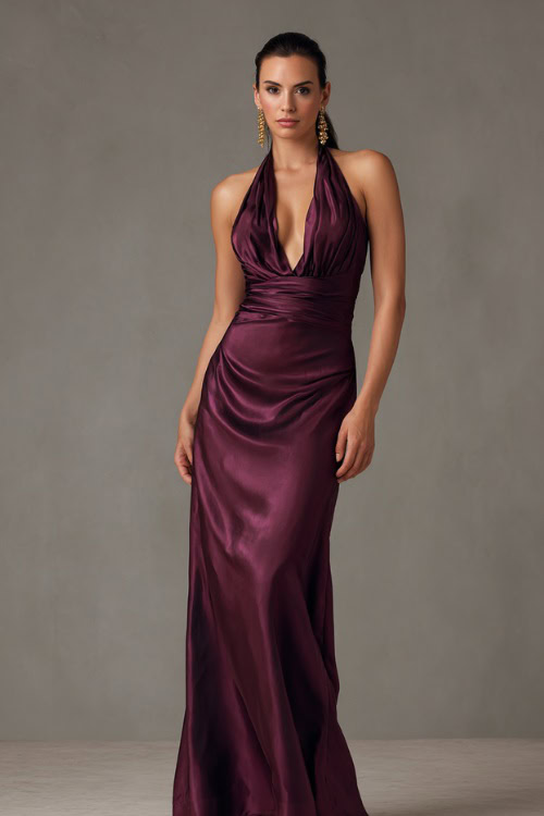 A woman wears a deep plum satin gown with a draped neckline and open back, styled with gold drop earrings and matching heels for a formal evening reception