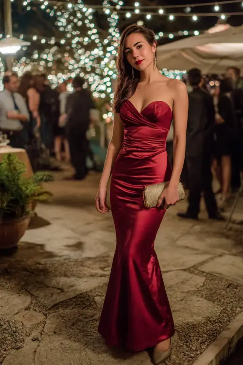 A woman wears a deep red satin mermaid gown with a sweetheart neckline, styled with a matching clutch and metallic heels, standing beneath twinkling lights at a fall wedding reception 