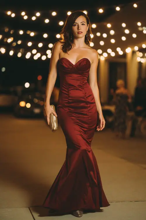 A woman wears a deep red satin mermaid gown with a sweetheart neckline, styled with a matching clutch and metallic heels