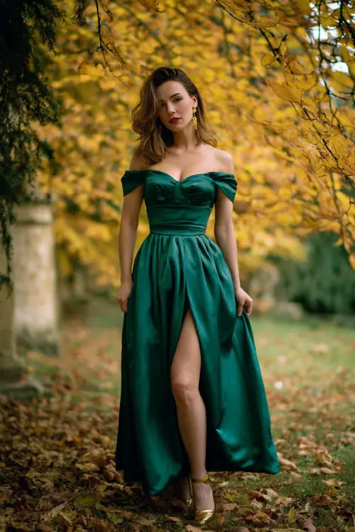 A woman wears a floor-length emerald green satin gown with an off-the-shoulder neckline and flowing skirt, styled with gold heels and earrings 