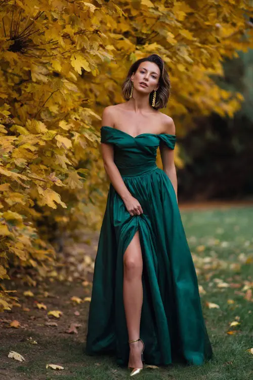 A woman wears a floor-length emerald green satin gown with an off-the-shoulder neckline and flowing skirt, styled with gold heels and earrings