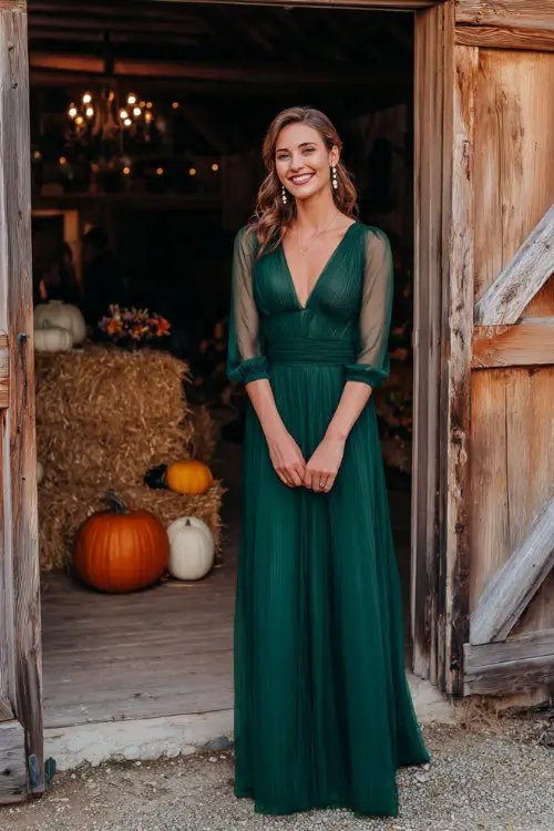 A woman wears a forest green chiffon gown with sheer sleeves and a pleated skirt, styled with pearl earrings and pumps