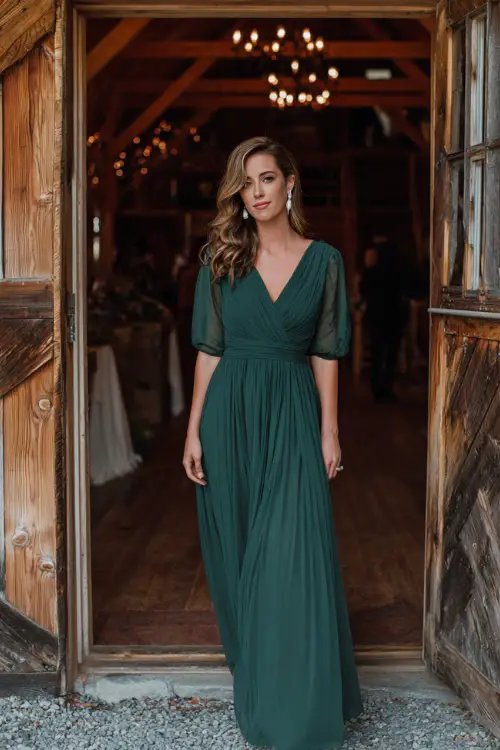 A woman wears a forest green chiffon gown with sheer sleeves and a pleated skirt, styled with pearl earrings and pumps