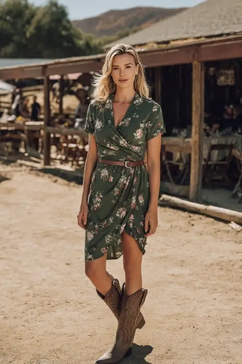 A woman wears a forest green floral wrap dress with short sleeves, accessorized with cowboy boots and a leather crossbody, standing near a rustic farm-style wedding reception 