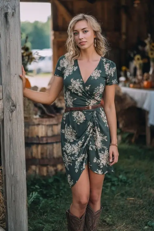 A woman wears a forest green floral wrap dress with short sleeves, accessorized with cowboy boots and a leather crossbody, standing near a rustic farm-style wedding reception 