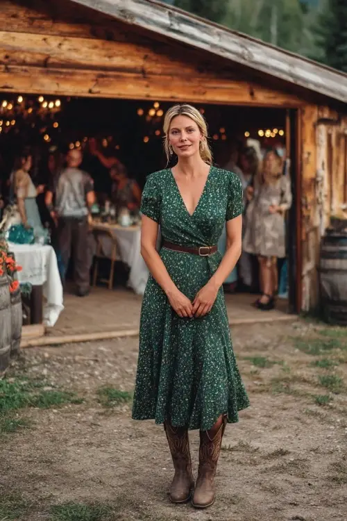 A woman wears a forest green floral wrap dress with short sleeves, accessorized with cowboy boots and a leather crossbody, standing near a rustic farm-style wedding reception 