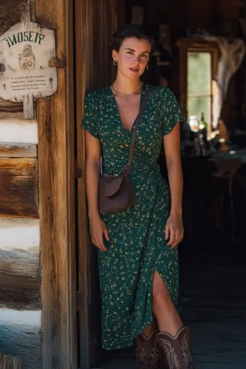 A woman wears a forest green floral wrap dress with short sleeves, accessorized with cowboy boots and a leather crossbody, standing near a rustic farm-style wedding reception