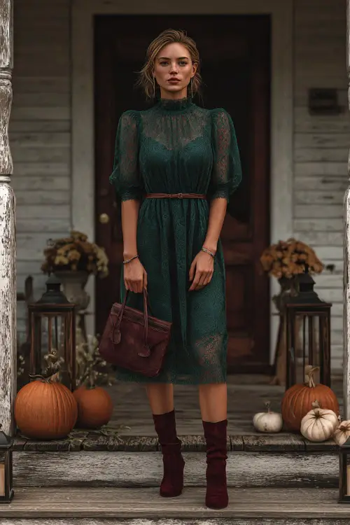 A woman wears a forest green lace midi dress with sheer sleeves, styled with burgundy suede boots and a leather clutch, standing on a farmhouse porch decorated with pumpkins and rustic lanterns