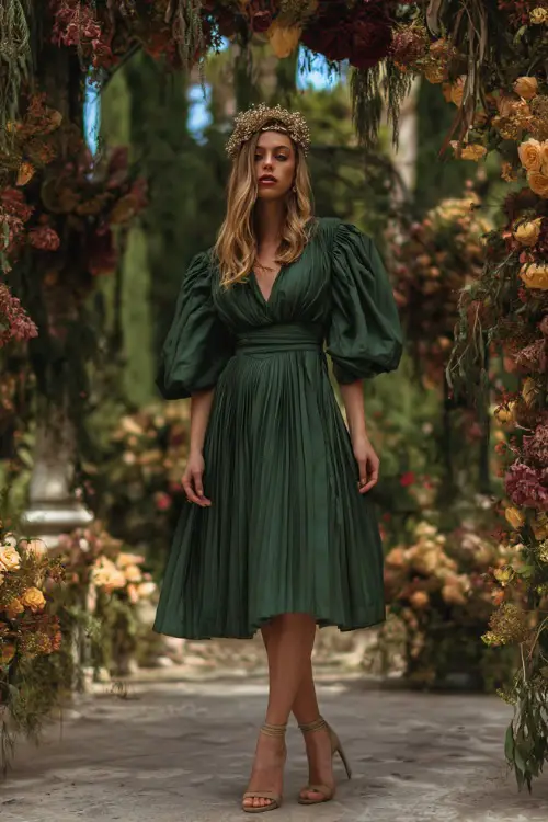 A woman wears a forest green pleated midi dress with puff sleeves, ankle-strap heels, and a beaded headband in an autumn garden ceremony