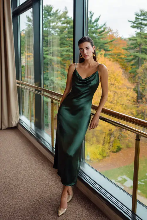 A woman wears a forest green satin slip dress with a cowl neckline, styled with gold heels and earrings, posing inside a country club ballroom with floor-to-ceiling windows overlooking autumn trees