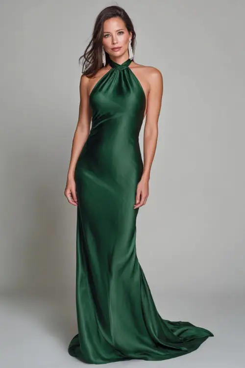 A woman wears a forest green silk column gown with an open back and long train, paired with silver drop earrings for a sophisticated autumn ceremony