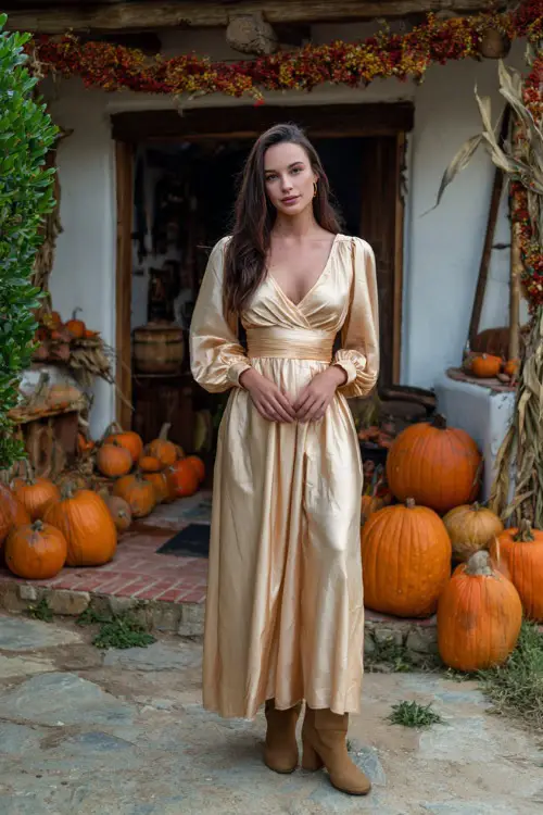 A woman wears a gold chiffon maxi dress with bishop sleeves, styled with block-heeled boots, standing in a rustic country garden decorated with pumpkins and fall garlands 