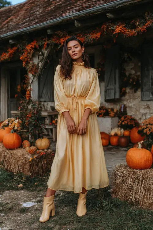 A woman wears a gold chiffon maxi dress with bishop sleeves, styled with block-heeled boots, standing in a rustic country garden decorated with pumpkins and fall garlands 
