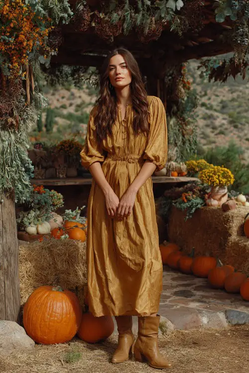 A woman wears a gold chiffon maxi dress with bishop sleeves, styled with block-heeled boots, standing in a rustic country garden decorated with pumpkins and fall garlands