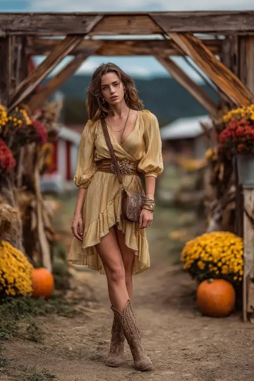 A woman wears a gold chiffon wrap dress with layered hemline, styled with cowboy boots and a crossbody bag, posing near a wooden country arch decorated with October mums 