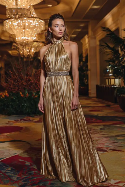 A woman wears a gold metallic pleated gown with a halter neckline, accessorized with a jeweled belt, standing inside a grand ballroom with chandeliers and fall décor 