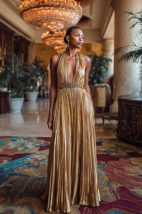 A woman wears a gold metallic pleated gown with a halter neckline, accessorized with a jeweled belt, standing inside a grand ballroom with chandeliers and fall décor