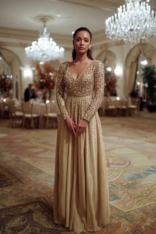 A woman wears a gold sequin gown with long sleeves and a flowing skirt, styled with simple earrings, standing inside a ballroom with crystal chandeliers and fall decorations