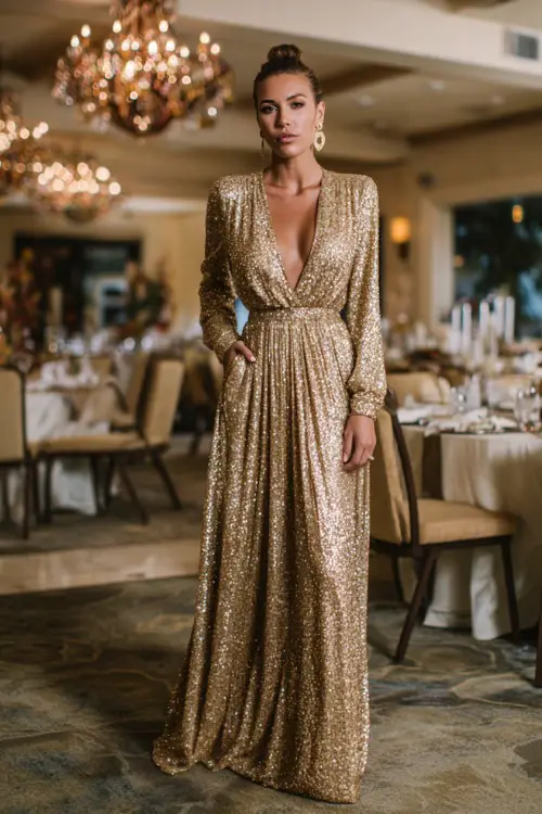 A woman wears a gold sequin gown with long sleeves and a flowing skirt, styled with simple earrings, standing inside a ballroom with crystal chandeliers and fall decorations