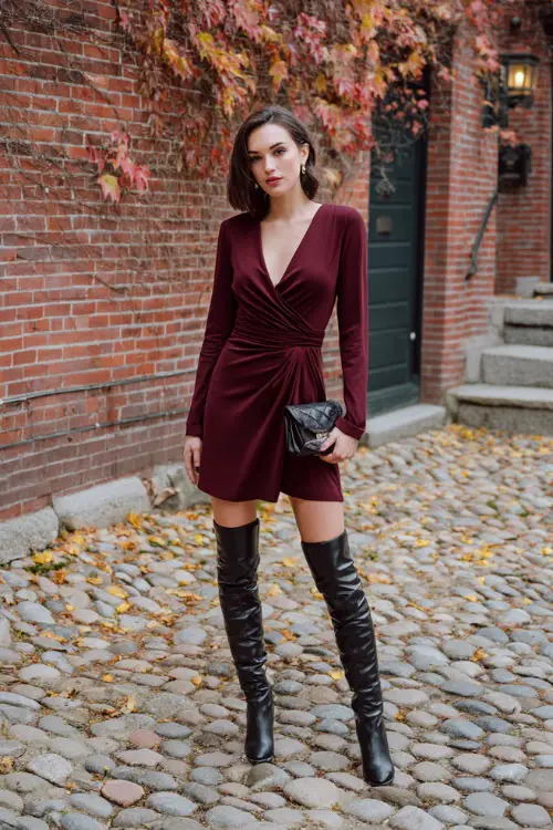 A woman wears a knee-length burgundy wrap dress with long sleeves, paired with sleek black leather knee-high boots and a matching clutch 