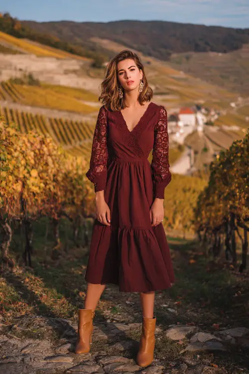 A woman wears a maroon midi dress with lace sleeves, styled with tan block-heeled boots and pearl earrings, standing at a vineyard terrace with fall vines around her 