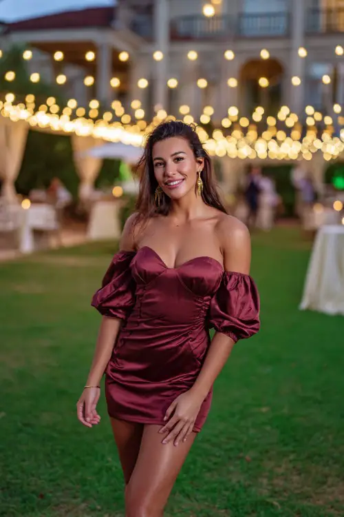 A woman wears a maroon satin cocktail dress with off-the-shoulder sleeves, styled with gold earrings and heels