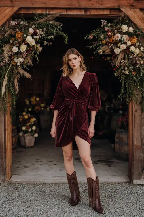A woman wears a maroon velvet wrap dress with bishop sleeves, paired with fringe-detailed boots, standing in front of a barn arch draped with fall florals 