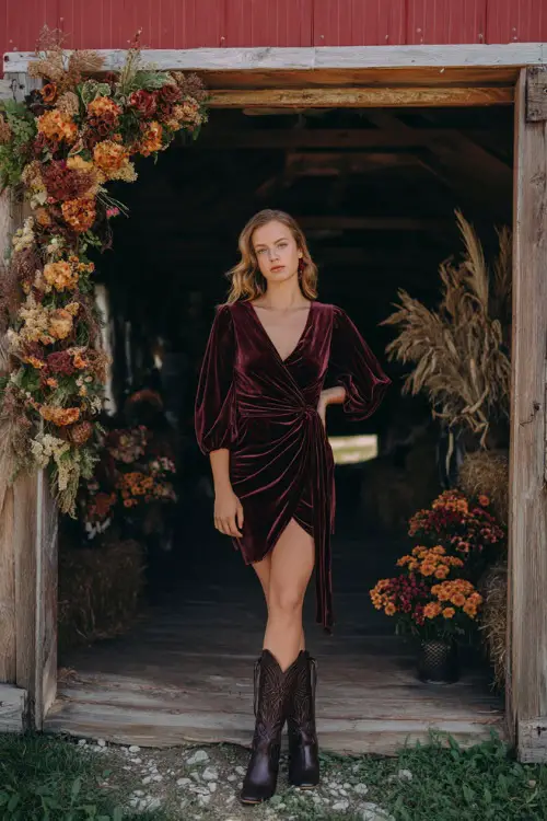 A woman wears a maroon velvet wrap dress with bishop sleeves, paired with fringe-detailed boots, standing in front of a barn arch draped with fall florals 