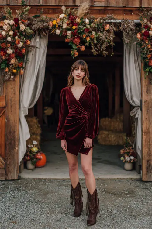 A woman wears a maroon velvet wrap dress with bishop sleeves, paired with fringe-detailed boots, standing in front of a barn arch draped with fall florals 