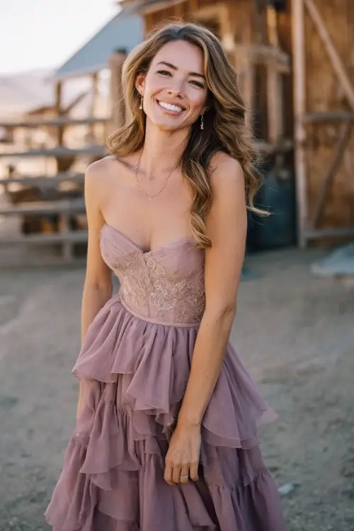 A woman wears a mauve chiffon gown with tiered ruffle details and a sheer embroidered bodice
