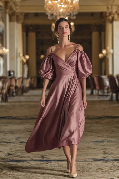 A woman wears a mauve satin wrap gown with puff sleeves and a flowing skirt, styled with pearl earrings and beige heels in an elegant ballroom setting