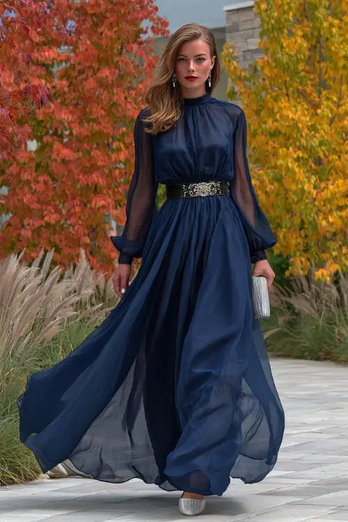 A woman wears a midnight blue chiffon ball gown with sheer long sleeves and a jeweled belt, styled with silver heels and a metallic clutch for a formal autumn celebration 