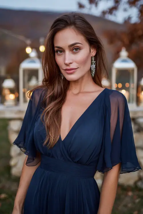 A woman wears a midnight blue chiffon gown with flutter sleeves and a belted waist, styled with silver earrings, posing at an outdoor wedding reception with autumn lanterns glowing 