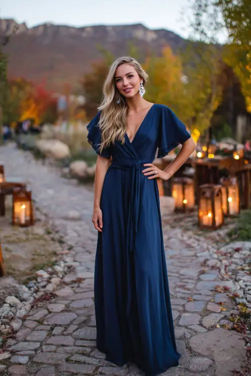 A woman wears a midnight blue chiffon gown with flutter sleeves and a belted waist, styled with silver earrings, posing at an outdoor wedding reception with autumn lanterns glowing
