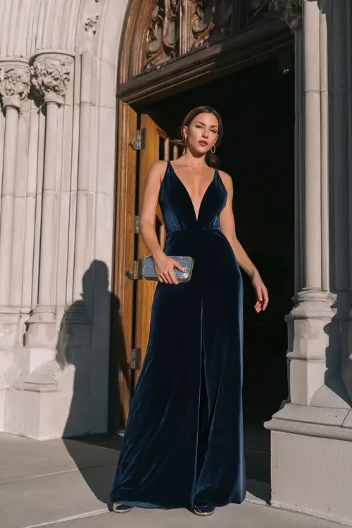 A woman wears a minimalist navy velvet gown with a deep V back, accessorized with silver heels and clutch, posing at the entrance of a classic stone cathedral wedding 