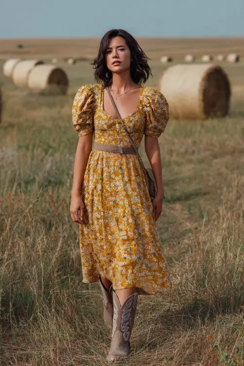 A woman wears a mustard yellow floral midi dress with puff sleeves, paired with cowboy boots and a crossbody bag, standing in an open meadow with hay bales in the background 