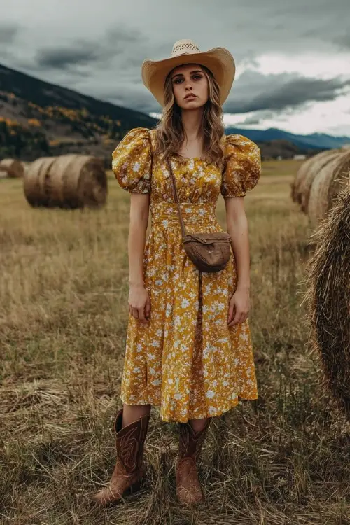 A woman wears a mustard yellow floral midi dress with puff sleeves, paired with cowboy boots and a crossbody bag, standing in an open meadow with hay bales in the background