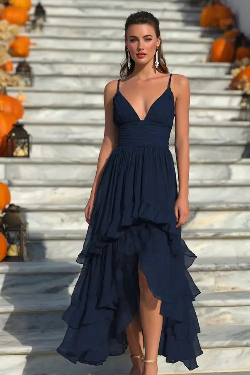 A woman wears a navy chiffon A-line gown with layered ruffles and a V neckline, styled with silver drop earrings and strappy heels 