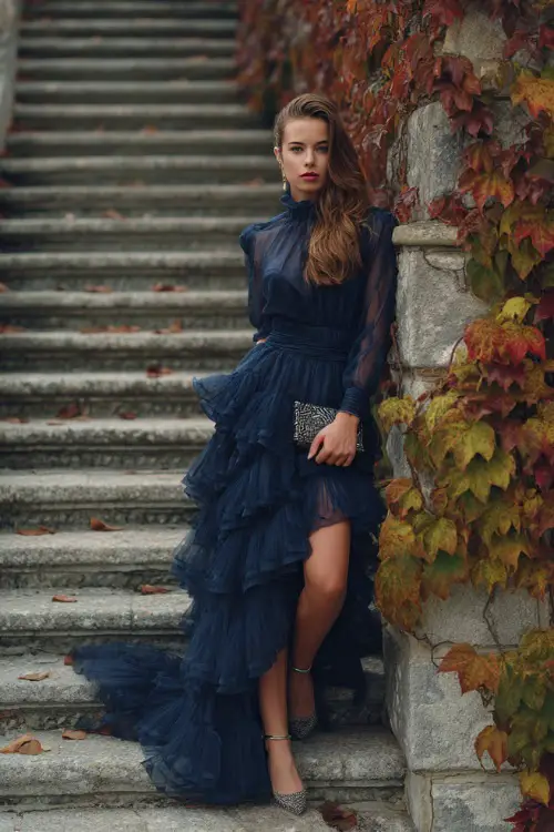 A woman wears a navy chiffon gown with layered ruffles and sheer long sleeves, styled with silver heels and a jeweled clutch, standing on stone steps surrounded by autumn ivy