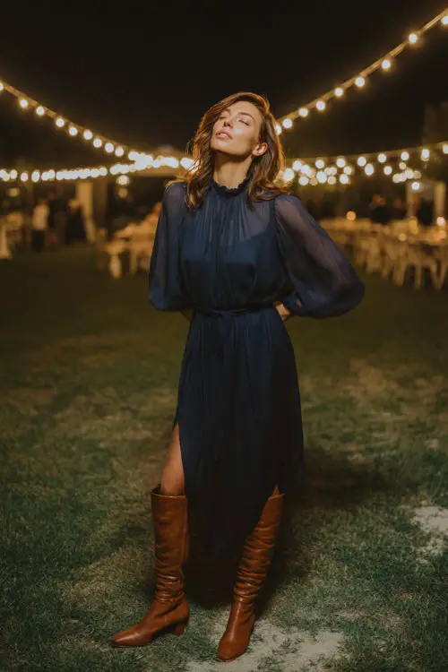 A woman wears a navy chiffon midi dress with sheer bishop sleeves, accessorized with tall tan leather boots, standing beneath twinkling lights at an outdoor wedding reception 