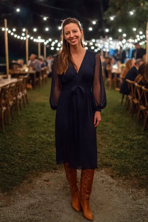 A woman wears a navy chiffon midi dress with sheer bishop sleeves, accessorized with tall tan leather boots, standing beneath twinkling lights at an outdoor wedding reception